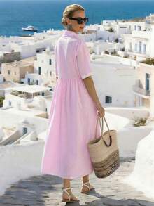 Rafferiza 女士休闲条纹宽松口袋翻领连衣裙，夏季 - 粉色 - 查看 3