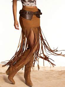 Radiana 女士性感简约棕色低腰弹力绒面流苏半身裙，低腰长裙，复古西部流苏裙，西部乡村音乐节风格，适合休闲外出、音乐节、演唱会、派对、街头风等场合。 - 棕色 - 查看 3