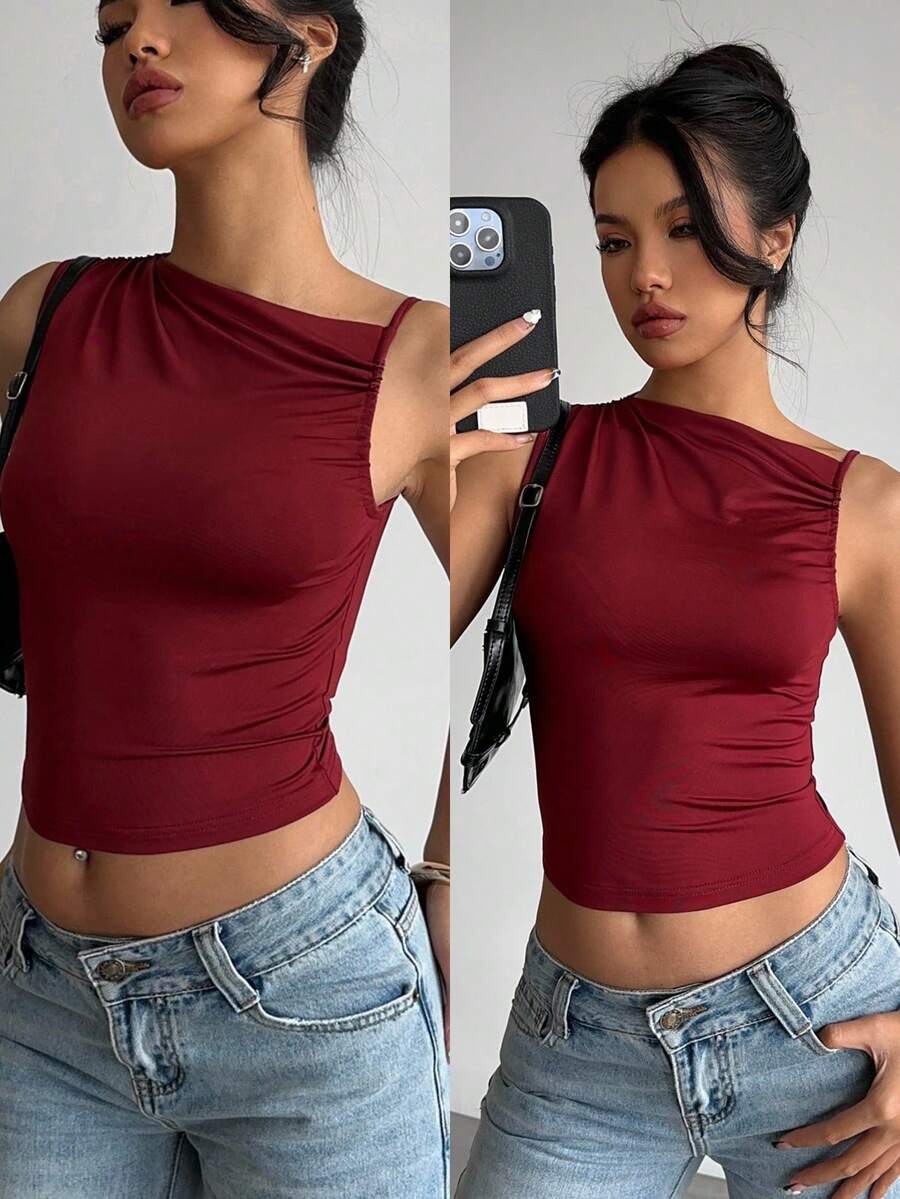 Aloruh Áo tank top ngắn tay không tay cổ tròn xếp ly màu đỏ tía gợi cảm, thanh lịch dành cho nữ, áo mùa hè màu đỏ, áo nữ dự tiệc, áo gợi cảm, áo tốt nghiệp, áo dành cho giáo viên, áo đi học.