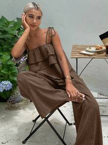 DAZY 2pcs/Set Women's Fashion Ruffled Crop Camisole Top And High Waist Tie Waist Wide Leg Casual Pants, Summer - Coffee Brown - View 1