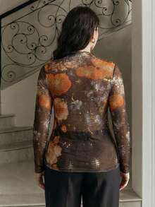 Anewsta Plus Size Women's Brown Polka,Autumn,Classy,Night Out Club Elegant Stand Collar Long Sleeve Top,Semi-Sheer Floral Print Lightweight Fitted Top - Orange - View 7