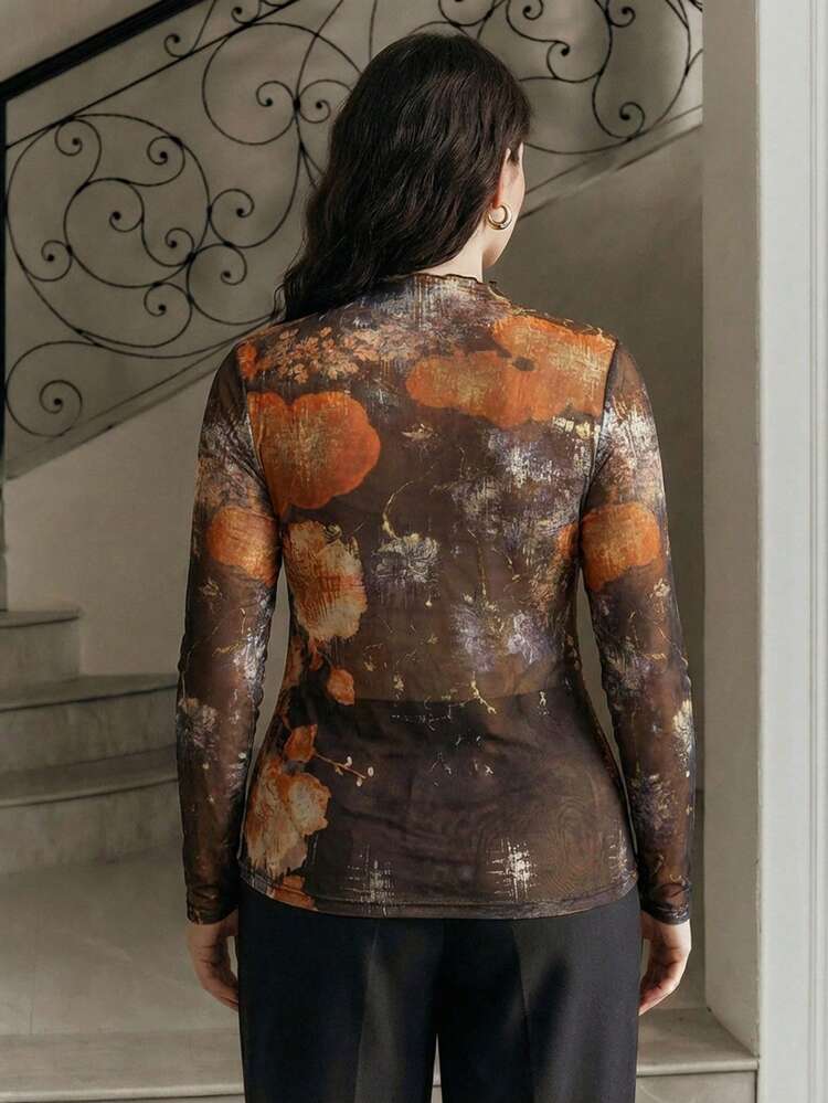 Anewsta Plus Size Women's Elegant Stand Collar Long Fitted Regular Shoulder Long Sleeve Top, Lightweight Semi-Sheer Fabric With Floral Placement Print, Subtly Showcasing Feminine Charm, Suitable For Daily Outings And Vacation Wear
