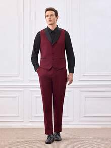 Officeau SuitGent 三件套男士高品质商务西装，撞色新郎婚礼礼服，修身休闲西装外套和裤子套装，春季礼服套装 - 酒紅色 - 查看 5