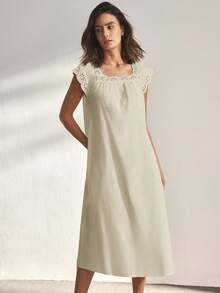 Ocili 100%纯棉柔软舒适荷叶边蝴蝶结睡裙，女士睡衣连衣裙 - 米色 - 查看 5