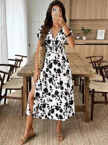 Louniche 女士褶皱水墨印花长裙，夏季 - 白色 - 查看 1