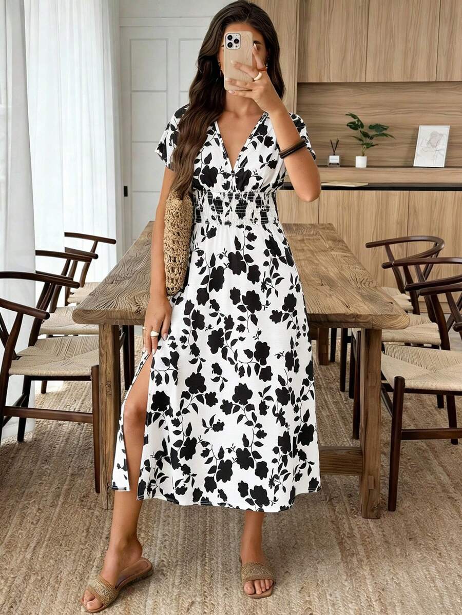 Louniche 女士褶皱水墨印花长裙，夏季 - 白色 - 查看 1