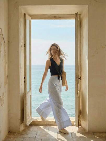 Lumivelle Women's Elegant Striped Button Decor Straight Leg Pants, Suitable For Summer Vacation & Outdoor Wear