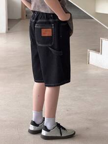 DAZY 青少年男孩字母图案口袋设计宽松百慕大牛仔短裤 - 藍色 - 查看 6