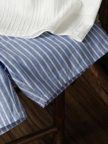 两件套休闲纹理面料半开襟衬衫和条纹短裤，适合青少年男孩，日常、通勤、度假穿着舒适。 - 藍色 - 查看 5