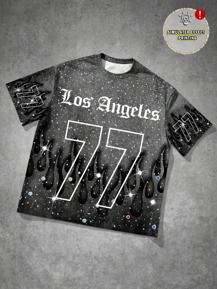 Manfinity EMRG 男士字母火焰印花圆领短袖休闲T恤 - 彩色 - 查看 1