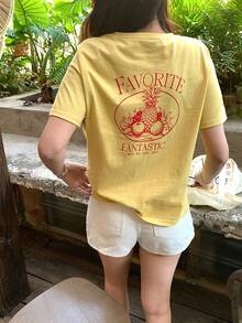 DAZY Camiseta casual de mujer de cuello redondo y manga corta con estampado de letras y frutas - Amarillo - Ver 4