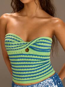 Athîral 女士度假沙滩条纹扭结抹胸针织上衣 - 彩色 - 查看 1