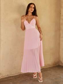 KARISMINA Solid Color Woven Layered Ruffle Strap Backless Dress For Women, Spring/Summer Vacation - Baby Pink - View 3