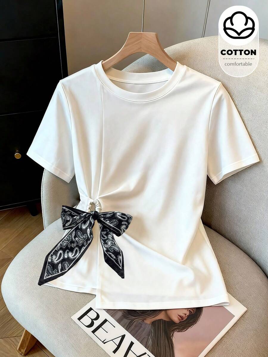 Franclia 女士纯色简约日常穿搭蝴蝶结装饰短袖T恤 - 白色 - 查看 1