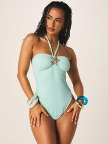 MISSGUIDED Halter Neck One Piece Swimsuit With Starfish Embellishment Ribbed Texture Summer Beach Vacation Swimwear - Mint Blue - View 1