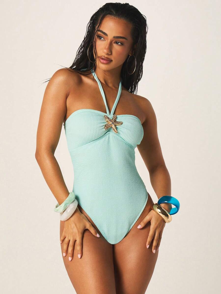 MISSGUIDED Halter Neck One Piece Swimsuit With Starfish Embellishment Ribbed Texture Summer Beach Vacation Swimwear - Mint Blue - View 1