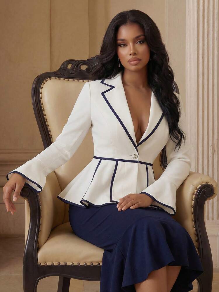 Anewsta Spring & Summer White & Blue Patchwork Lapel Flare Sleeve Minimalist Regular Shoulder Urban Chic Elegant Women Solid Color Blazer