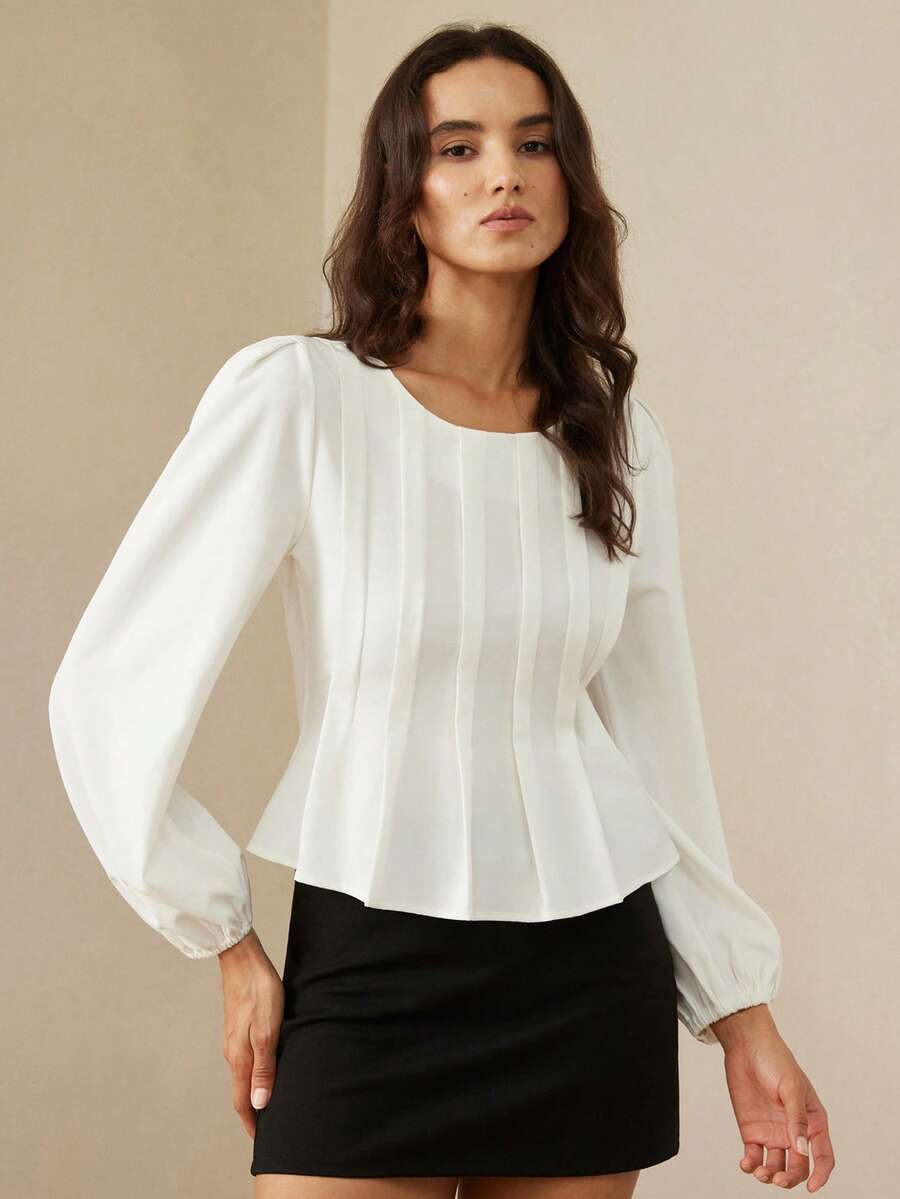 BELROSIE Nueva llegada Blusa elegante de mujer con mangas de linterna de imitación de lino fruncido y cintura ceñida - Blanco - Ver 1
