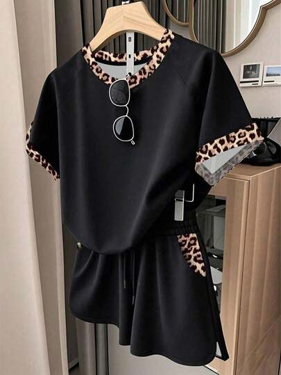 Teen Girls' Casual Minimalist Black Raglan Sleeve Loose Short Sleeve T-Shirt & Shorts Set, Chic Leopard Print Contrast Color Graphic, Suitable For Spring & Summer, Relaxed & Comfortable Daily Casual Wear, Cool Summer Series, Essential For Teenage Girls, Back To School Must-Have, Summer Girls Fashion Basics, Spring & Summer Korean Style, Daily Teenage Fashion