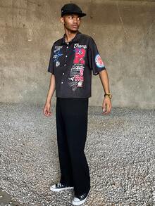 Ngobest Haus Ngobest Haus Men's Casual Slogan Print Short Sleeve Shirt, Summer - Black - View 1