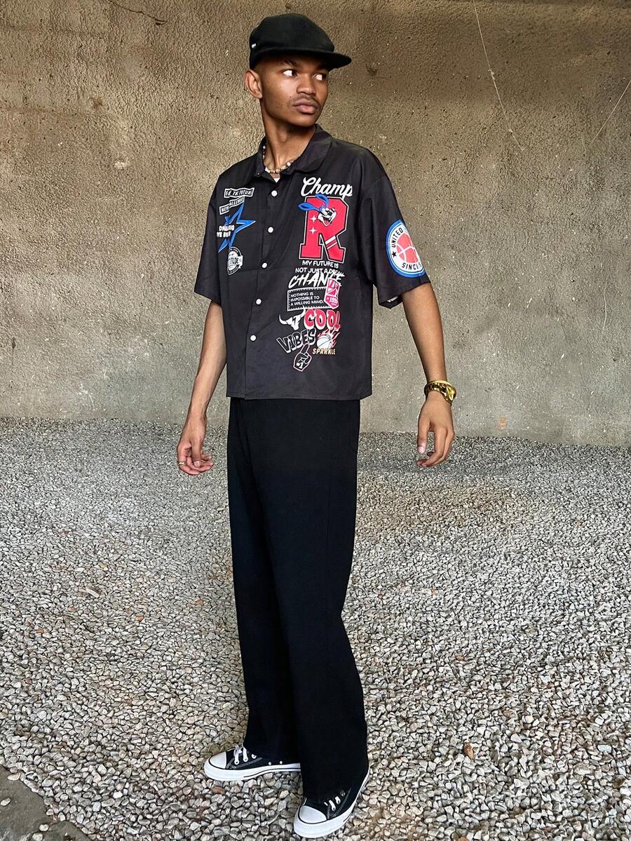 Ngobest Haus Ngobest Haus Men's Casual Slogan Print Short Sleeve Shirt, Summer - Black - View 1