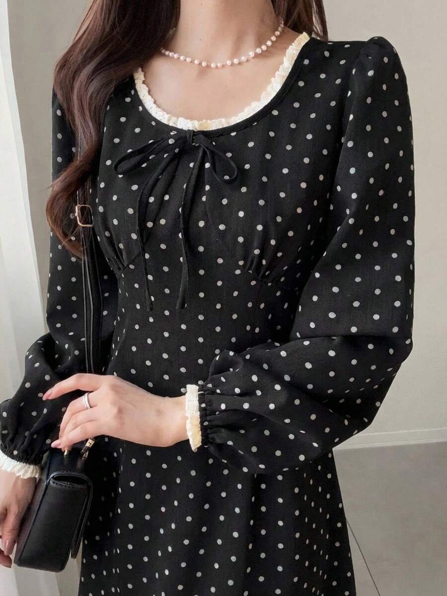FRIFUL Patchwork Contrast Color Lace Trim Long Sleeve Cinched Waist Polka Dot Sweet Casual Versatile Dress Sundress - Black - View 1