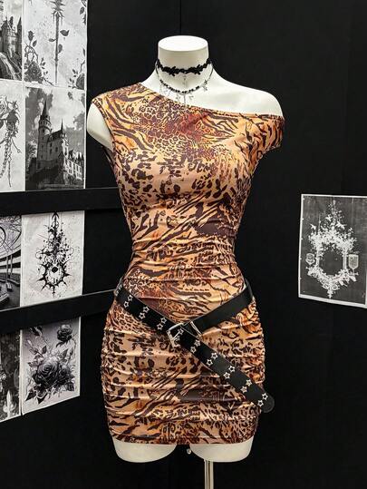 EgrlEra Women's Retro Sexy Bodycon Hollow Animal Print Mini Dress