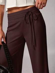 Avenya Casual Versatile Solid Color Tie-Up Straight Leg Pants Vacation Dark Brown Summer - Brown - View 2