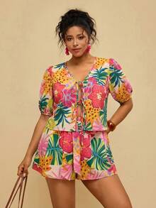 Travachic Bộ đồ nữ cỡ lớn kẻ caro và họa tiết retro gồm áo và quần short, kiểu buộc nơ phía trước, bộ 2 mảnh thoải mái cho kỳ nghỉ hè. - Màu Hồng Tươi - Xem 5