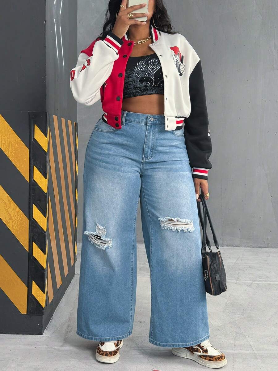 EMERY ROSE Quần jean ống rộng dáng rộng không co giãn, giặt cũ, màu xanh nhạt thanh lịch dành cho nữ cỡ lớn - Rửa nhẹ - Xem 1