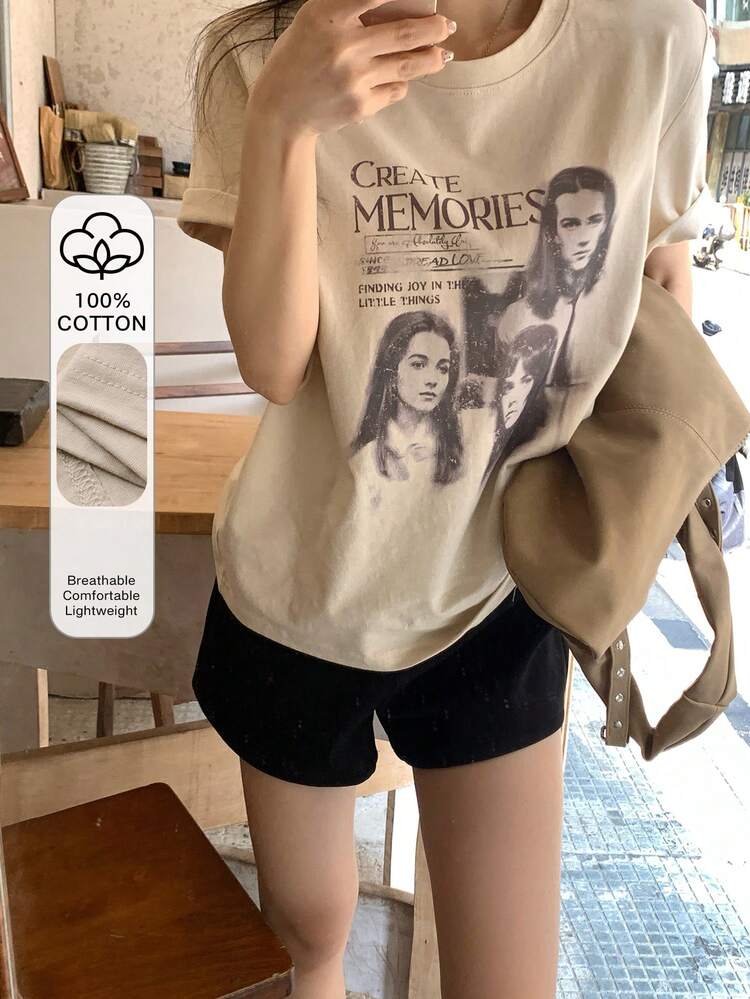 Women's Portrait & Letter Print Round Neck Short Sleeve T-Shirt Graphic Tees Women