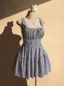SHEIN ICON Đầm kẻ caro dáng chữ A cổ vuông, eo thắt, chất liệu dệt kim, cỡ lớn, thích hợp cho kỳ nghỉ hè. - Xanh và trắng - Xem 5