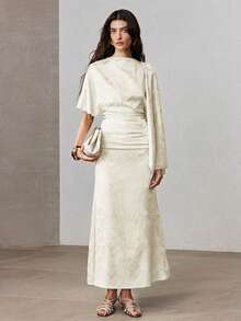 ZEYLAH Jacquard Asymmetric Shoulder Fitted Mid-Length Dress, Autumn Dinner Date Beige Elegant - Apricot - View 4