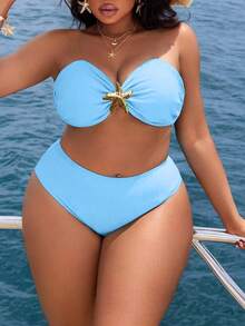 Slaydiva Bộ đồ bơi Tankini hai dây màu trơn cỡ lớn cho nữ - Màu xanh nhạt - Xem 3