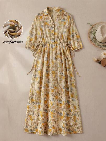 Rusticease Women's Waist Tie Front Button Ditsy Floral Maxi Casual Dress,  Summer Dress Spring Dress Women Spring Dress Women Light Yellow Elegant Dresses For Party Vacation Outfits Women Casual Graphic Dresses For Women Formal Dress