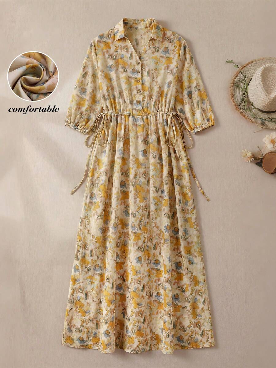 SHEIN LUNE 女士腰部系带前扣碎花长款休闲连衣裙，夏季