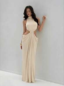 Aloruh Women's Spring/Summer Braided Apricot Sleeveless Hollow-Out Straight Dress - Apricot - View 6