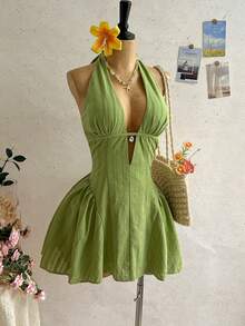 Soleia 女士波点V领镂空腰A字迷你连衣裙，适合派对、圣诞节、约会、夜店、波西米亚风、度假、秋季、复古、情人节等场合。 - 綠色 - 查看 4