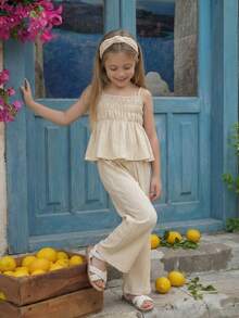 Emery Rose Kids Emery Rose Kids 2pcs/Set Young Girl  Sleeveless Top And Casual Pants In Light Yellow Beige Two Piece Set Cream Two Piece Set Pleated Set Two Piece Set Summer Two Piece Set Young Girl Ruffled Sleeveless Blouse And Pleated Loose Fit Trousers Ensemble Child Summer Outfit Summer Outfits Summer Tops - Blue - View 5