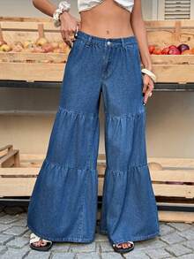 Selianne 女士休闲度假通勤款层叠下摆宽松阔腿牛仔裤，不含腰链 - 藍色 - 查看 7