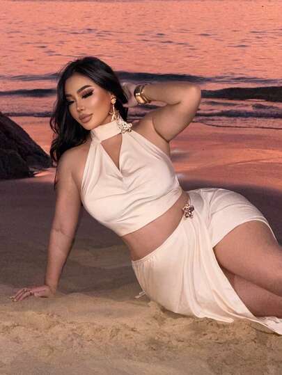 NU&NOW Plus Size Women's New Metallic Floral Decor High Slit Elastic Comfortable 2 Pieces Vacation Set Plus Size Sexy Dress Resort Wear Curve Plus Size Two Piece Set