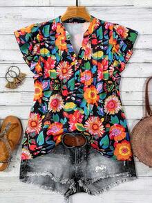 Linhara Colorful Floral Print V-Neck Ruffle Sleeve Blouse - Multicolor - View 3
