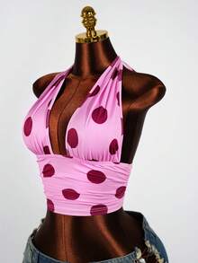 SaltGleam SaltGleam Top corto con escote halter y estampado de lunares, sexy para vacaciones - Rosa - Ver 4