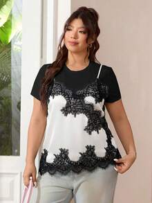 SHEIN EZwear 2026春夏新款休闲吊带背心，适合外出、日常、派对、约会、生日、音乐节、通勤、居家穿着，缎面拼接蕾丝，丝滑柔软，宽松版型，黑色，大码 - 白色 - 查看 3