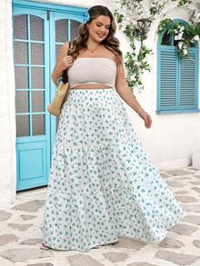 SHEIN CURVE+ 女士休闲度假印花松紧腰荷叶边下摆半身裙 - 藍白色 - 查看 7