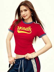 Sundraya Red Retro American Style Sporty Crew Neck Contrast Color Letter Graphic Short Sleeve T-Shirt - Burgundy - View 6