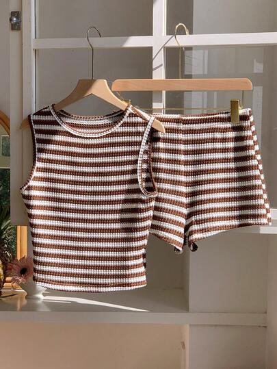 Comfortcana Women's Striped Round Neck Camisole And Shorts Casual 2 Pieces Set, Summer