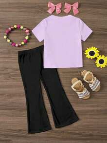 Girls' Summer School Casual Fashion Virtual Girl Group Character Gradient Butterfly Graphic Print Short T-Shirt And Flared Pants Set,Comfortable Wear - Multicolor - View 2