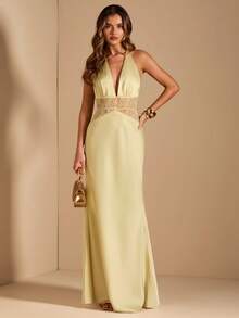 SHEIN BAE Spring & Summer Wedding Guest Dress, Pure Yellow Satin Deep V-Neck, Waist Lace Semi-Sheer Mermaid Dress, Suitable For Party, Vacation, Banquet, Wedding, Night Out, Romantic Date - Light Yellow - View 6