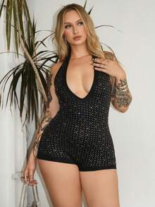 Arliah 女士性感水钻装饰深V领露背连体衣 - 黑色 - 查看 3